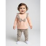 Babycan Kız Bebek Leopar Desenli %100 Pamuklu 2'li Takım - Fırfırlı Fiyonk Detaylı Somon Üst ve Alt Takım - 6 - 9 Ay - Pudra