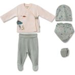 BabyCosy Organic Wear %100 Organik Pamuk 5’li Hastane Çıkış Seti – Yenidoğan Bebek Takımı (Zıbın, Pantolon, Şapka, Önlük, Eldiven) - 0 - 3 Ay - Mint