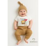 Babyden's Babasının Aslanı Baskılı 3’lü Bebek Takımı Kısa Kol Çıtçıtlı Zıbın, Ribana Pantolon, Bere %100 Pamuk - 0 - 3 Ay - Kahverengi