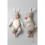 Babyden's Bebek Tavşanlı Tulum Şapka Set %100 Pamuklu Çıtçıtlı,ayarlanır Ponponlu Unisex Yenidoğan Tulum Seti - Bej - 6 - 9 Ay