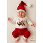 Babyden's Bebek Yılbaşı Noel Kıyafeti 3’lü Takım,noel Baskılı Uzun Kollu Body,fitilli Pantolon,ponponlu Şapka - Kırmızı - Beyaz - 3 - 6 Ay