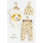 Babyden's Dayısının Balı Yazılı 3’lü Bebek Takımı Pamuklu Kısa Kollu Çıtçıtlı Body, Arı Desenli Pantolon,bere - 0 - 3 Ay - Ekru - Sarı
