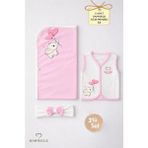 Babyden's Kız Bebek 3’lü Set Pamuklu Kalp Jakar Desenli Fil Baskılı Yelek ,battaniye ,saç Bandı,yenidoğan Seti - Pembe - Ekru - 6 - 9 Ay
