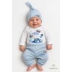 Babyden's Little Prince 3’lü Erkek Bebek Takımı – Uzun Kollu %100 Pamuk Body, Pantolon ve Şapka Seti Mavi - Mavi - Beyaz - 3 - 6 Ay