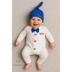 Babyden's Minik Patron Erkek Bebek Düğmeli Tulum ve Bere Seti – Papyonlu,manşetli Paça, %100 Pamuk Bebek Tulum - 0 - 3 Ay - Saks Mavi