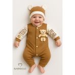 Babyden's Teddy Bear Temalı Yenidoğan Fitilli Tulum Takımı Ayıcıklı Erkek Bebek Tulum Şapka Set PAMUK - Kahverengi - 3 - 6 Ay
