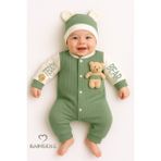 Babyden's Teddy Bear Temalı Yenidoğan Fitilli Tulum Takımı Ayıcıklı Erkek Bebek Tulum Şapka Set PAMUK - Yeşil - 0 - 3 Ay