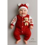Babyden's Teddy Bear Temalı Yenidoğan Fitilli Tulum Takımı Ayıcıklı Kız Bebek Tulum Şapka Set Pamuk - Bordo - 0 - 3 Ay