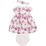 Babydola Gül Baskılı Kısa Kollu Kız Bebek Elbise 3'lü Set Bandana Külot Elbise - 2 Yaş - Ekru
