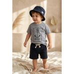 Babydonat Bebek ve Çocuk 3'lü Marin Set - Çapa Baskılı Pamuklu Tişört, Keten Görünümlü Şort ve Bucket Şapka Kombini - Füme