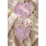 Babydonat Flora Rose Pembe Çiçek Desenli 3'lü Bebek Seti - Muslin Dokulu Bandana Önlük, Mama Önlüğü ve Fiyonk Saç Bandı - Çok Renkli - Standart