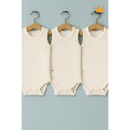 Babyhola 0-3 Yaş %100 Pamuk Geniş Askılı 3'lü Bebek Badi Desenli Dokuma Bebek Çıtçıtlı Body Ekru 1080
