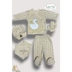 Babymet %100 Organik Pamuk 5 Parça Yenidoğan Hastane Çıkış Seti – Kuğu Nakışlı Doğal - Bej - Beyaz - 0 - 6 Ay