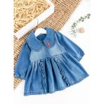 Babymod Bebe Yakalı Fiyonklu Denim Kız Bebek Elbise Kot Elbise - Mavi - 9 - 12 Ay