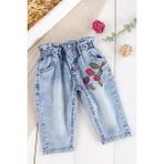 Babymod Çilek Nakışlı Denim Kumaşlı Beli Lastikli Kız Bebek Kot Pantolon - Mavi - 12 - 18 Ay