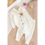 Babymod Dantel Yakalı Triko Kız Bebek Hırka Pantolon Takım Triko Bebek Seti - Krem - 1 Yaş