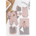 Babymod Leopar Desenli 8'li Kız Çocuk Hastane Çıkışı Çocuk Takımı - Gül Kurusu - 0 - 3 Ay