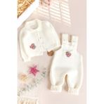 Babymod Triko Kışlık Kız Bebek Salopet Takım Tulum Set Krem Renkli Akrilik Materyal ile Şık ve Rahat - 3 - 6 Ay