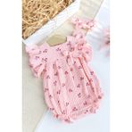 Babymod Yazlık Kız Bebek Tulum 100% Pamuk Müslin Kirazlı Desenli Fırfırlı Kol 36 cm - 9 - 12 Ay - Pembe