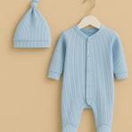 Babytex Bebek Tulum Set Patikli Tulum Şapka Uyku Tulumu - Mavi - 6 - 9 Ay