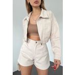 bacc Bej Çift Cepli Fermuarlı Yıkamalı Crop Denim Ceket