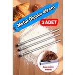 Badem10 (3 Adet) Alüminyum Silindir Yuvarlak Metal Oklava ( 49 cm ) Mutfak Börek Hamur Un Yufka Açma Krom