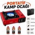 Badem10 (4'lü Set) Taşınabilir Portatif Kamp Ocağı Tek Gözlü 3 Adet Kartuş Gezi Piknik Yemek Pişirme Ocağı - Kırmızı - 36