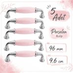 Badem10 (5 Adet) Alvena Pembe Porselen Krom Kulp 96 mm 9.6 cm Mobilya Çekmece Dolabı Dolap Kapak Kulb Kulpu - Pembe