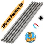 Badem10 (5 Adet) Mıknatıslı 150 mm Pozidriv Bits Uç Pz2 Manyetik 1/4" Matkap Ucu 15 cm Güçlü Tayvan Çeliği