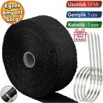 Badem10 5 metre 10 cm Cam Elyaf Eksoz Sargısı Metal Kelepçe Manifold Sargı Bezi Yanmaz Bant Siyah Amyant 3 mm (Kalınlık)