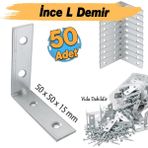 Badem10 (50 Adet) Metal Köşebent 50X50X15 mm Ince L Demiri Gönye Mobilya Duvar Sabitleme Bağlantı Aparatı - Gümüş