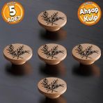 Badem10 Ahşap Kulp Düğme Ağaç Desenli Çocuk Odası Çekmece Mutfak Mobilya Dolap Kulpları 5 Adet
