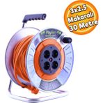 Badem10 Bylion IP20 Metal Makaralı 4 Prizli Uzatma Kablosu 3x2.5 mm CCA Kablo 30 Metre Termal Sigortalı