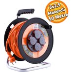 Badem10 Bylion IP44 Plastik Seyyar Makaralı Kapaklı 4 Prizli CCA Uzatma Kablosu 3x2.5 mm 50 Metre Termal Sigorta
