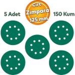 Badem10 Delikli 125 mm Cırt Zımpara 150 Kum YEŞİL Kaporta Boya Duvar Metal Mobilya Cila Parlatma 5 Adet