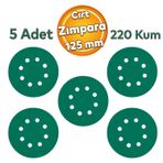 Badem10 Delikli Yeşil 125 mm Cırt Zımpara 220 Kum Kaporta Boya Duvar Metal Mobilya Cila Parlatma 5 Adet