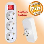 Badem10 Golyat Anahtarlı Düğmeli 3'lü Grup Priz Fiş Priz Topraklı Çoklu Çoğaltıcı Kablosuz (Beyaz)