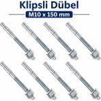Badem10 Klipsli Dübel M10X150 mm 8 Adet Set Güçlü Tutuş Beton Tuğla Uyumlu Dayanıklı Çelik Vida - Metalik Gri