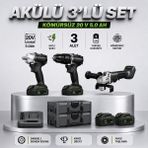 Badem10 Kömürsüz Akülü 3 Parça Set Darbeli Matkap Avuç Taşlama Somun Sökme 20V 5.0AH Çift Akülü