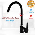 Badem10 Lara Mix Kısa Batarya Siyah Lavabo Banyo Mutfak Musluğu Musluk Mermer Tezgah Üstü Çift Su Giriş Evye