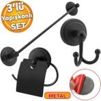 Badem10 Lavabo Banyo Wc Yapışkanlı Siyah Metal Sağlam Aparat Bez Havlu Çatal Askı Tuvalet Kağıtlık 3'lü Set