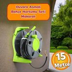 Badem10 Makaralı Hortum Seti Duvar Monteli Bahçe Çeşme Su Hortumu 1/2 Sulama Araç Yıkama 15 Metre Tambur