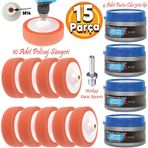 Badem10 Pasta Cila Polisaj Süngeri Zımpara Tabanlı Turuncu 150 mm+Oto Pastası+M14 Matkap Aparatı (15 PARÇA SET)
