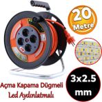 Badem10 Plastik Makaralı Seyyar Cca Kablo 4 Prizli Monofaze Uzatma Kablosu 3x2.5 mm Ttr Kablo 20 Metre
