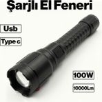 Badem10 Şarjlı Güçlü LED El Feneri 10000 Lümen 100W Type C USB Uzun Menzilli Profesyonel Kamp Gece Feneri - Siyah