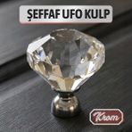 Badem10 Şeffaf Kristal Görünümlü Krom Saplı Ufo Düğme Mobilya Dolap Çekmeceler Için Şeffaf Düğme Kulp - Metal ve Kristal - Tek Vidalı