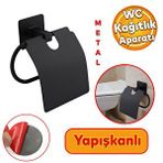 Badem10 Tuvalet Kağıtlık Yapışkanlı Kapaklı Aparat WC Kağıt Standı Paslanmaz Metal Sağlam Siyah Estetik