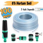 Badem10 Üç Katlı Şeffaf Sağlam Bahçe Hortumu 100 Metre Çeşme Su Sulama Hortum 6'lı Bağlantı Adaptör Seti