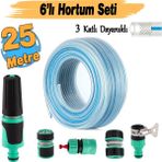 Badem10 Üç Katlı Şeffaf Sağlam Bahçe Hortumu (25 Metre) Çeşme Su Sulama Hortum 6'lı Bağlantı Adaptör Seti