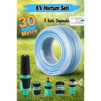 Badem10 Üç Katlı Şeffaf Sağlam Bahçe Hortumu (30 Metre) Çeşme Su Sulama Hortum 6'lı Bağlantı Adaptörlü Set